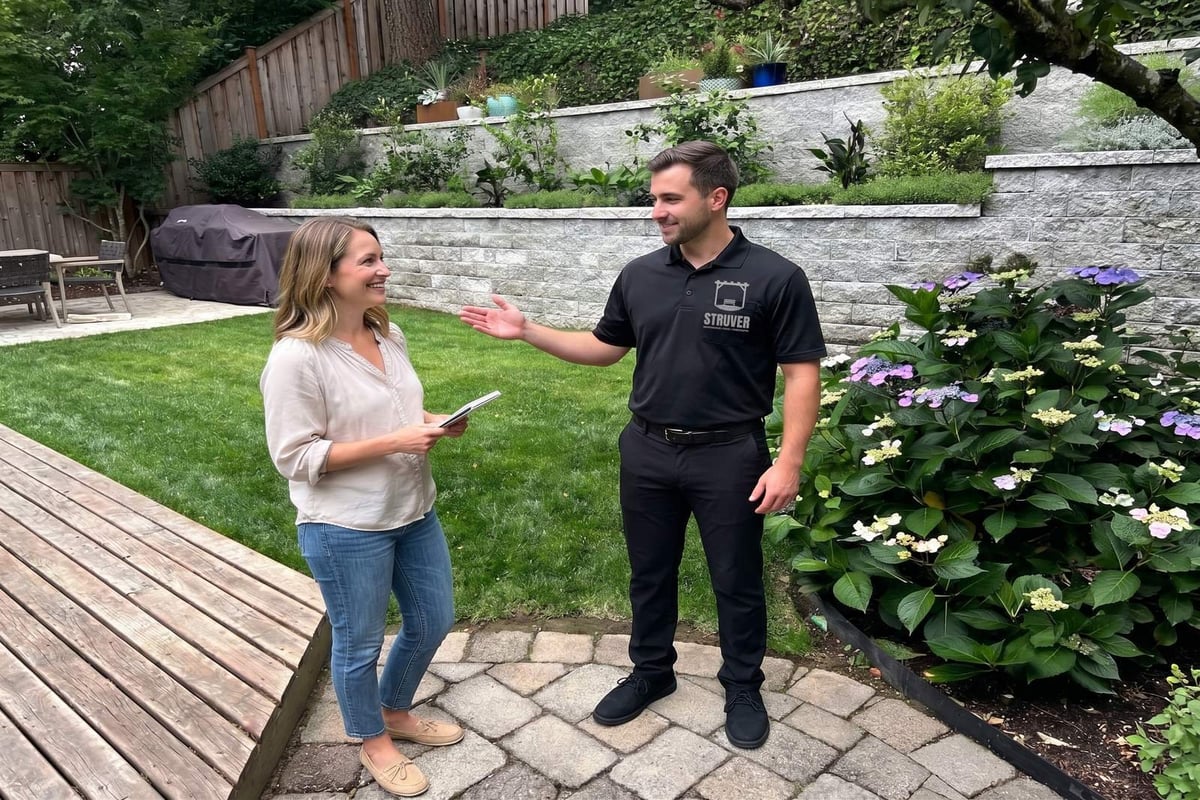 Struver team member in a branded polo walking a homeowner through a finished backyard with tiered stone retaining walls, lawn, and mixed perennial planting